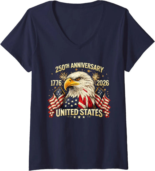 250 Years American Anniversary 1776-2026 USA Flag Ladies' V-Neck Tshirt