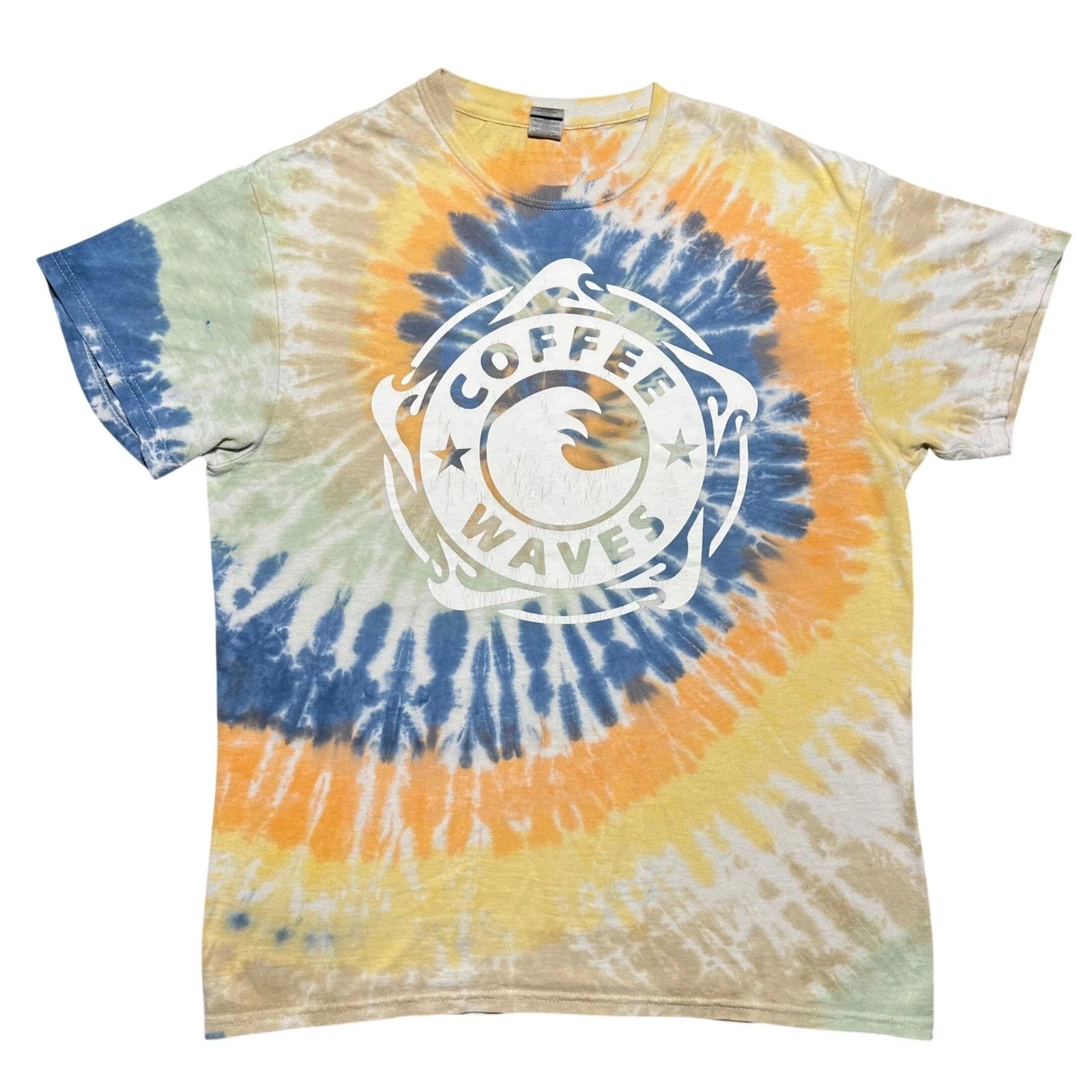 Coffee Waves Tie Dye Graphic T Shirt Mens Medium Blue Yellow Orange Hippie
