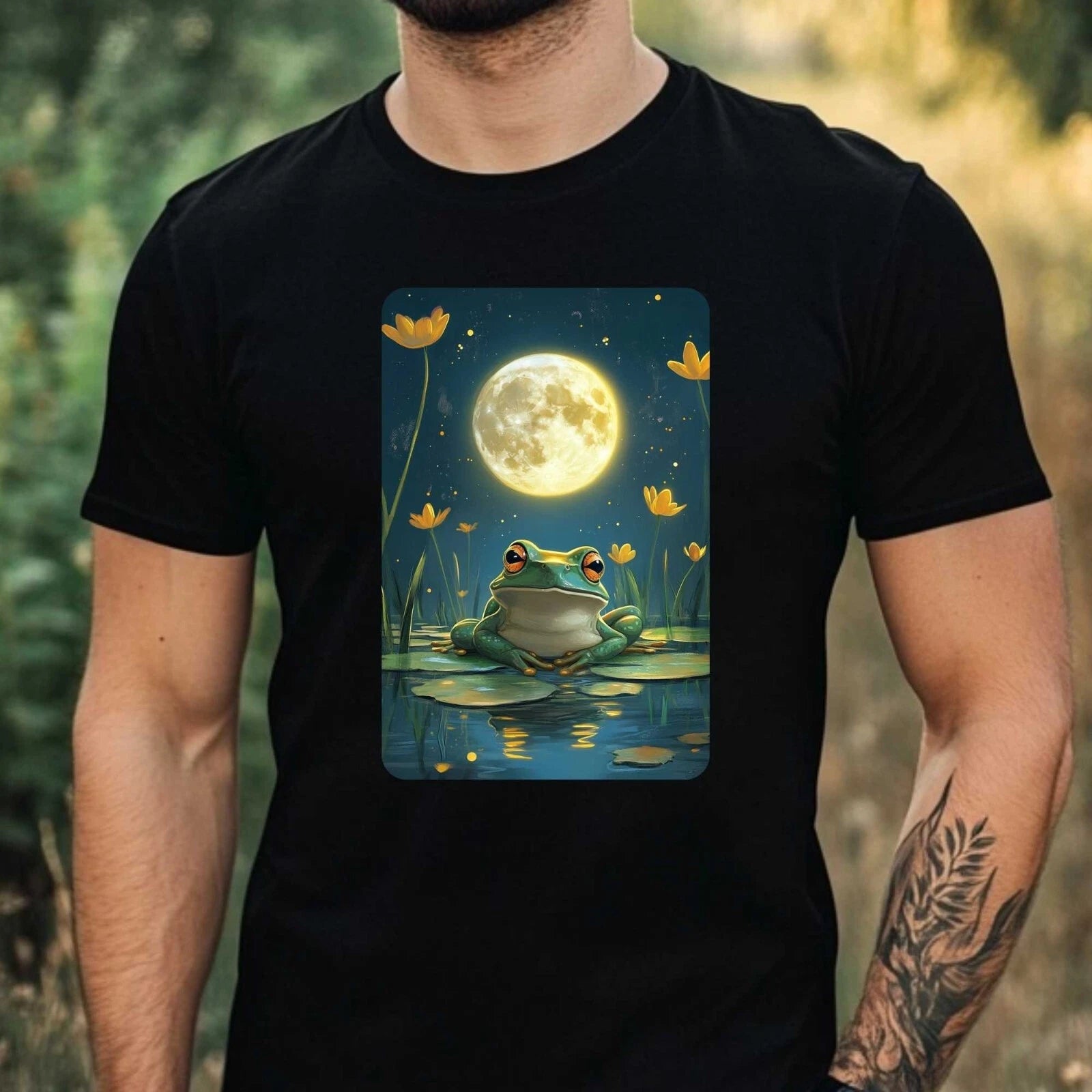 Mens Frog at Full Moon Motif Cotton T-Shirt Size XS to 5XL