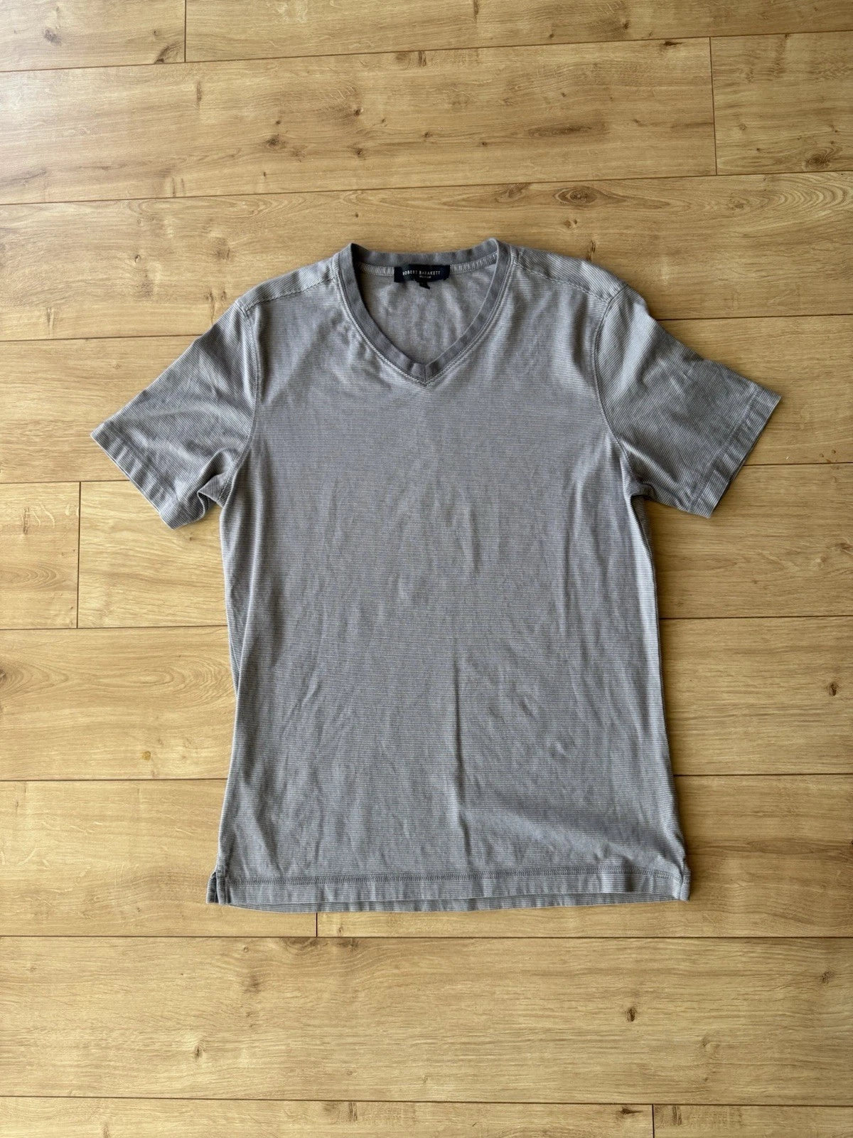 Robert Barakett Grey Striped V Neck Pima Cotton Mens Tee Shirt Minimalist