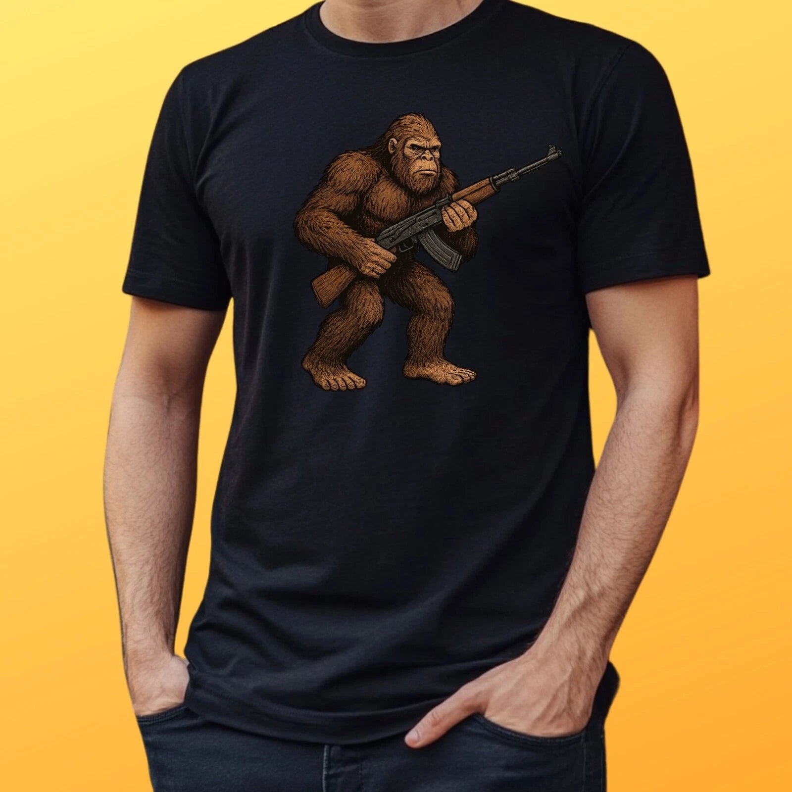 Men's Bigfoot Gun Print Cotton T-Shirt Size XS to 5XL