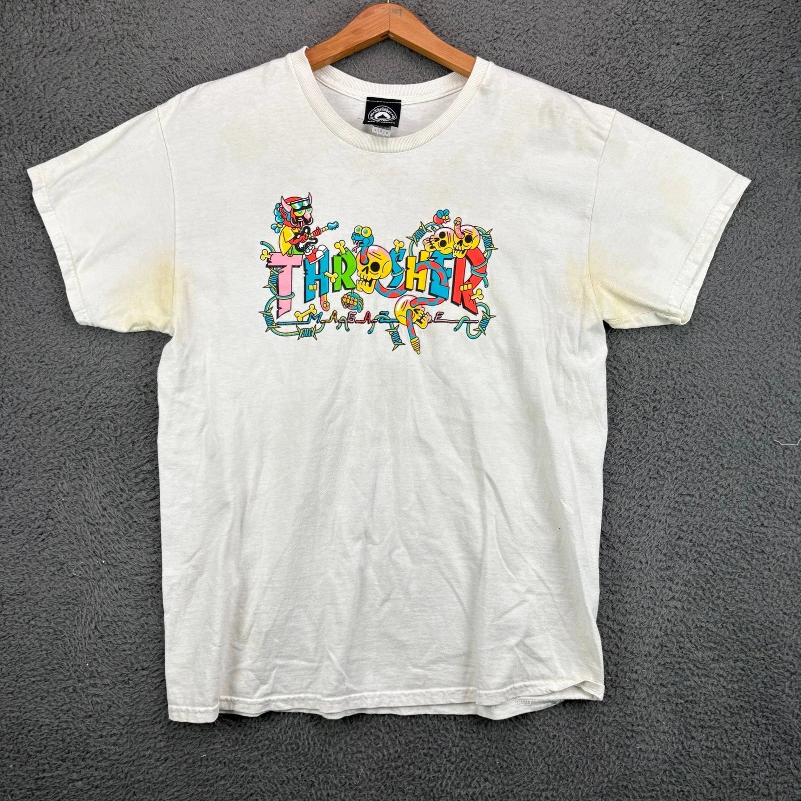 Thrasher Magazine Mens Large White Graphic T-Shirt Colorful Skull Cartoon Logo