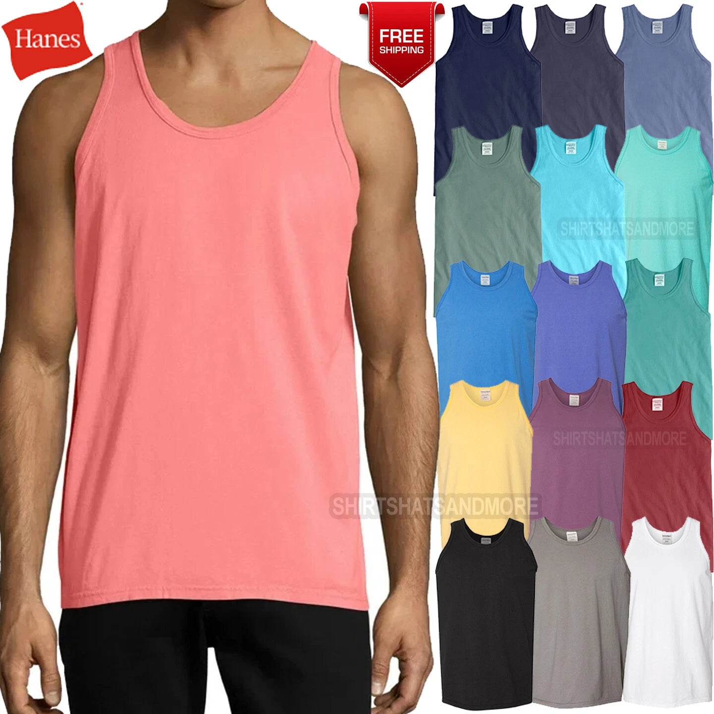 Mens Hanes Garment Dyed Tank Top 100% Soft Ring-Spun Cotton Sleeveless Tee S-3XL