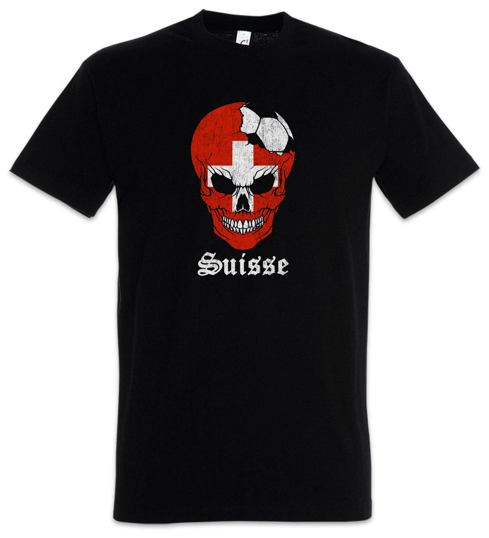Switzerland Football Skull I T-Shirt swiss Soccer Flag Banner World Championship