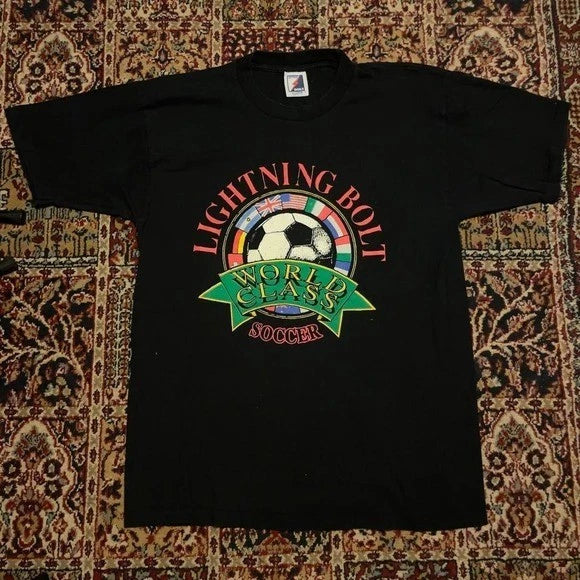 VTG 90s Lightning Bolt World Class Soccer world flags tee shirt XL USA Black