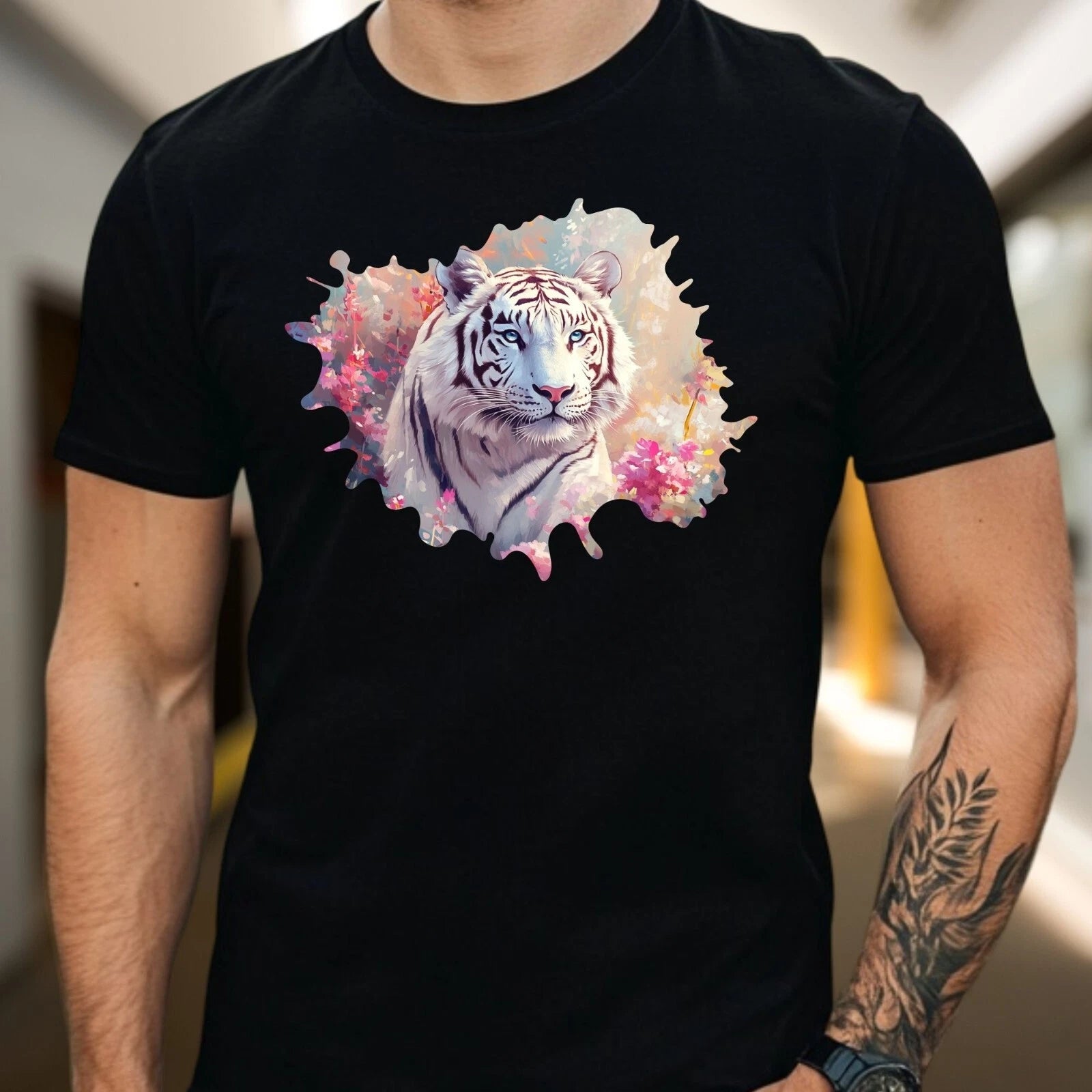Mens White Tiger in Flower Garden Motif Cotton T-Shirt Size XS to 5XL