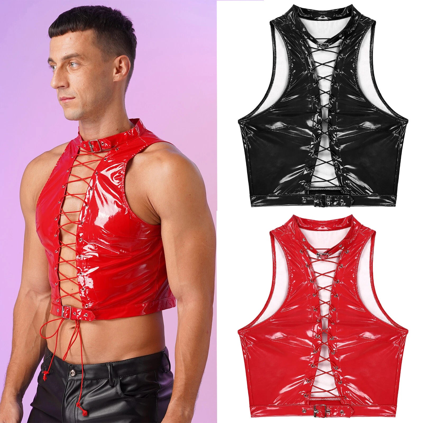 UK Men Crop Top Short Gothic Wetlook Sleeveless Sexy Muscle Fashion Lace Up Top