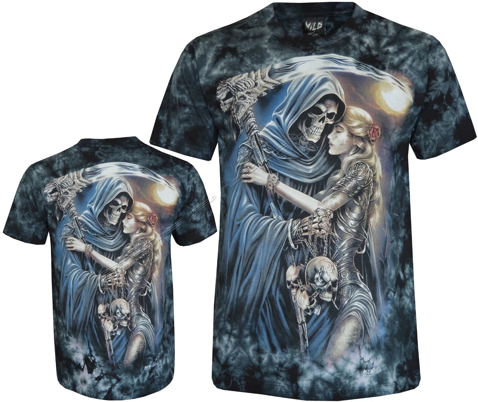 Tie Dye T-shirt Grim Reaper & Blonde Woman Soldier Scythe Glow in Dark by Wild