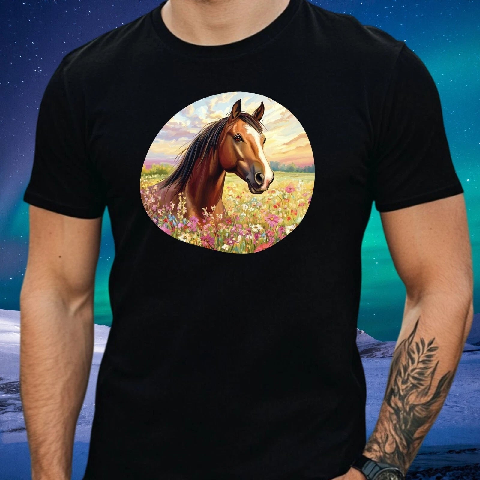 Mens Horse On Flower Field Motif Cotton T-Shirt Size XS to 5XL