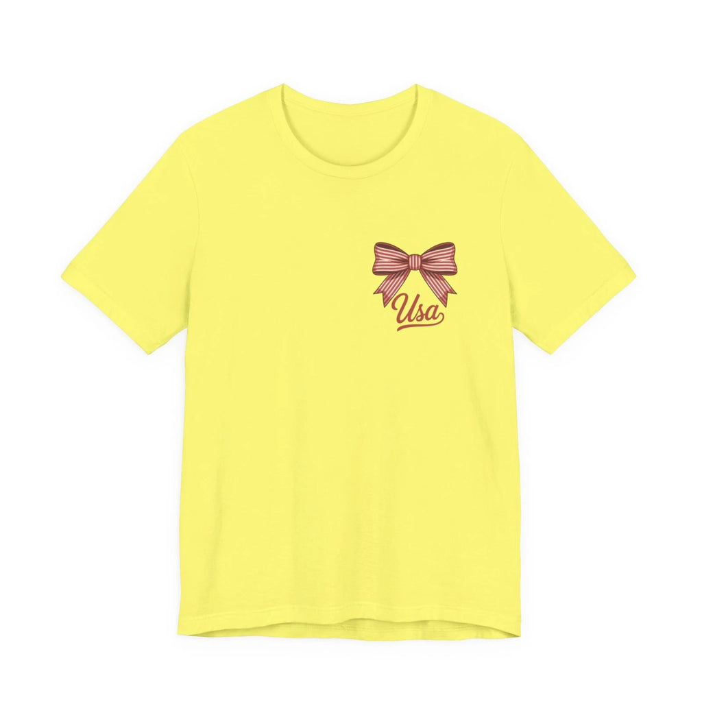 USA Floral Bow Fourth of July Front & Back T-Shirt Patriotic Vintage Script Tee