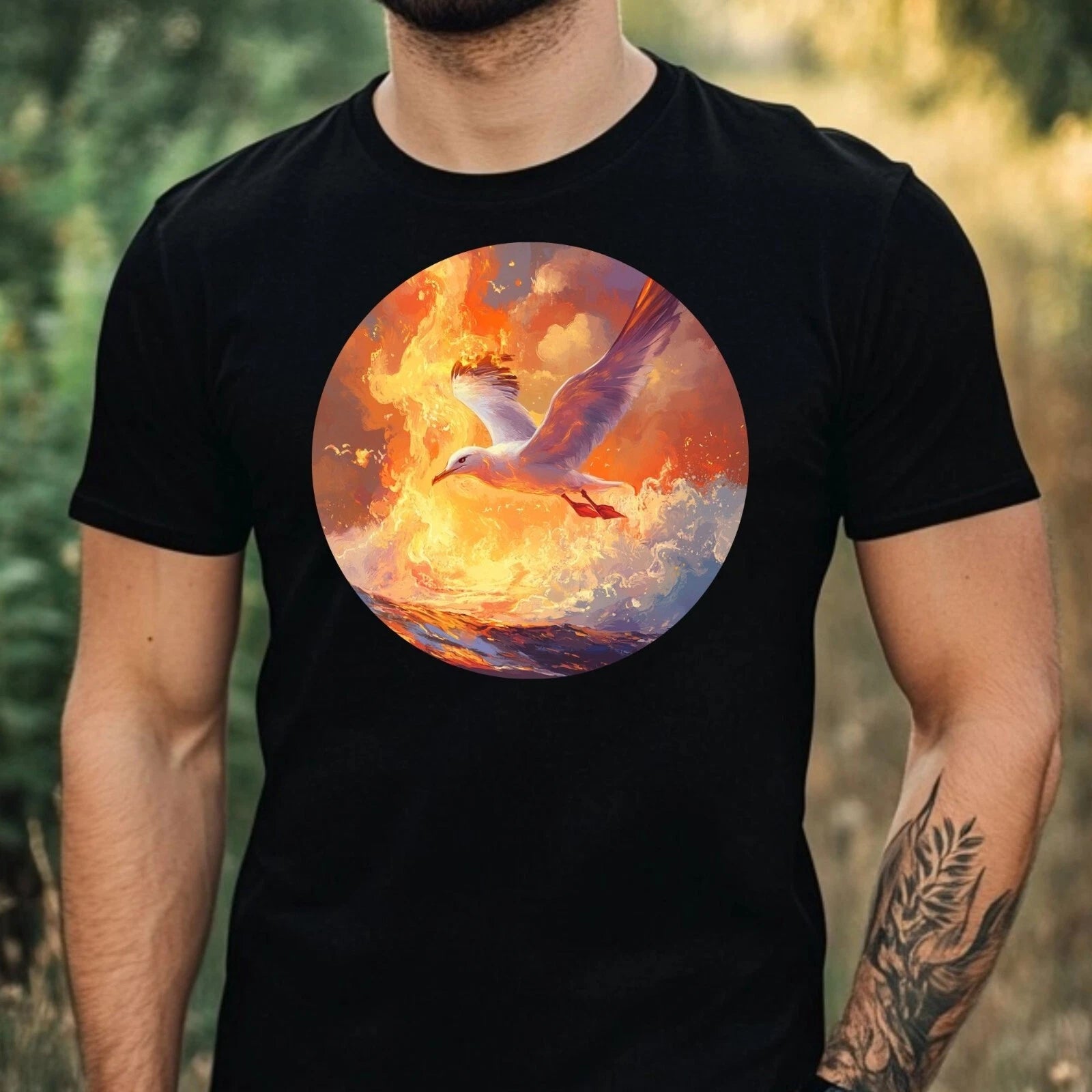 Mens Seagulls on Fire Motif Cotton T-Shirt Size XS to 5XL