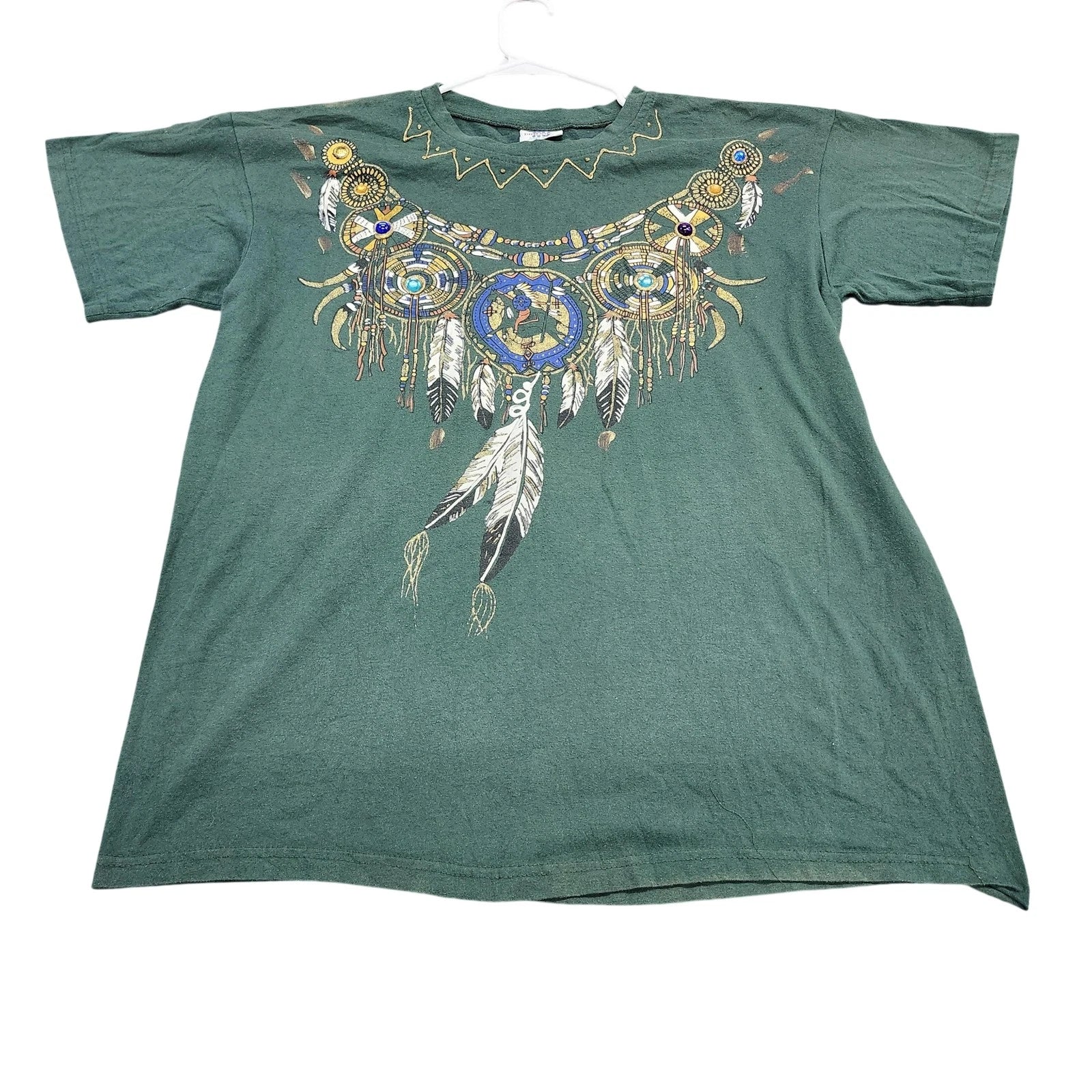 Vintage NU Dimension Shirt Mens XL Green Cat Feather Graphic Tee Boho Made USA