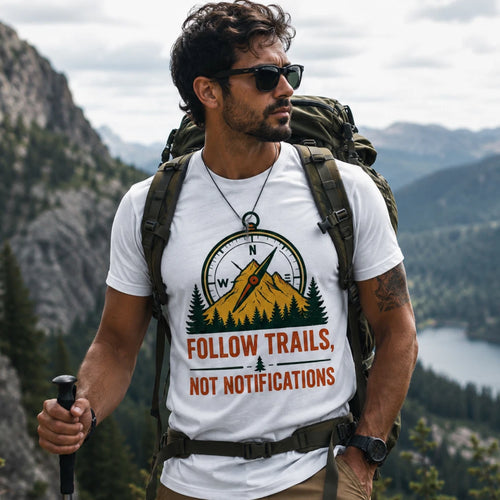 Adventure Hiking T-Shirt Follow Trails Not Notifications Outdoor Travel Tee NEW