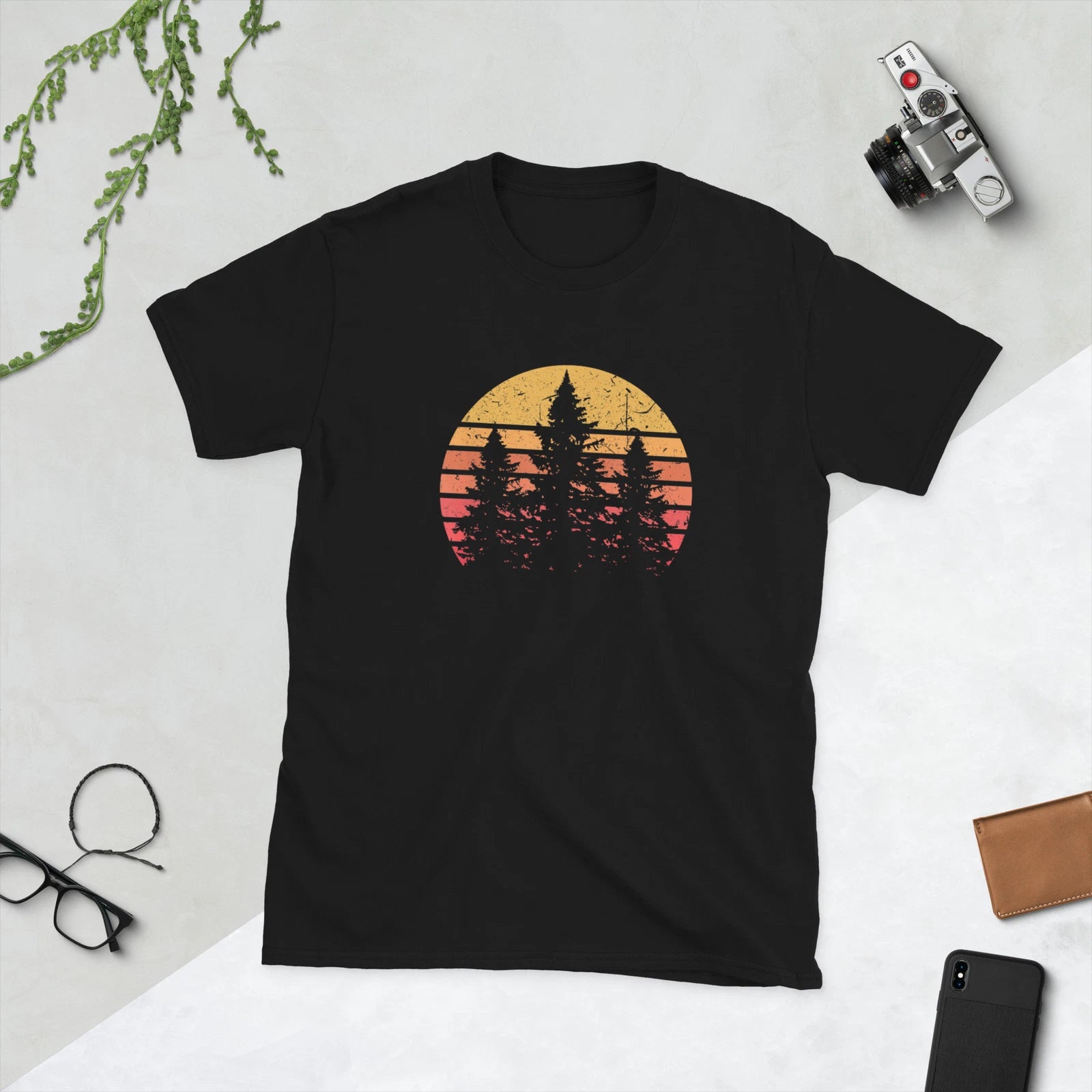 Retro Sun Minimalist Pine Tree Design - Graphic T-Shirt