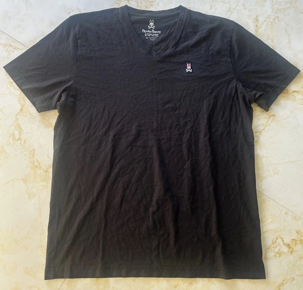 Psycho Bunny Men’s Black V-Neck T-Shirt L Cotton Knit Short Sleeve Emb Logo