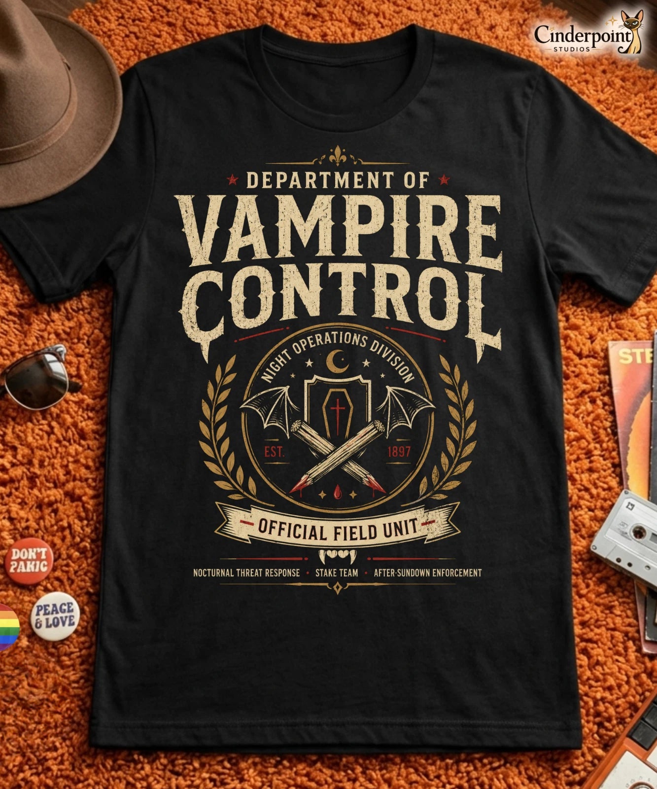 Department of Vampire Control T-Shirt Funny Vampire Hunter Goth Tee Black XS-5XL