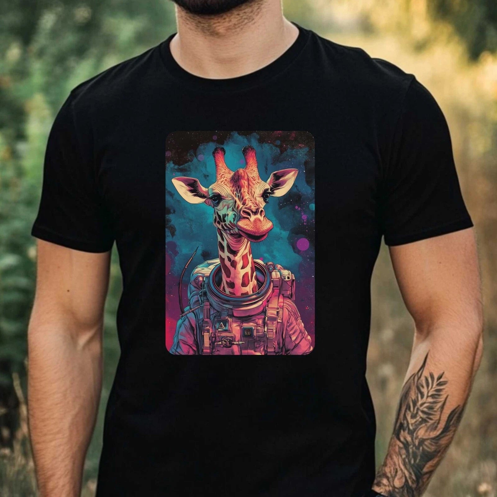 Mens Giraffe Astronaut Print Cotton T-Shirt Size XS to 5XL