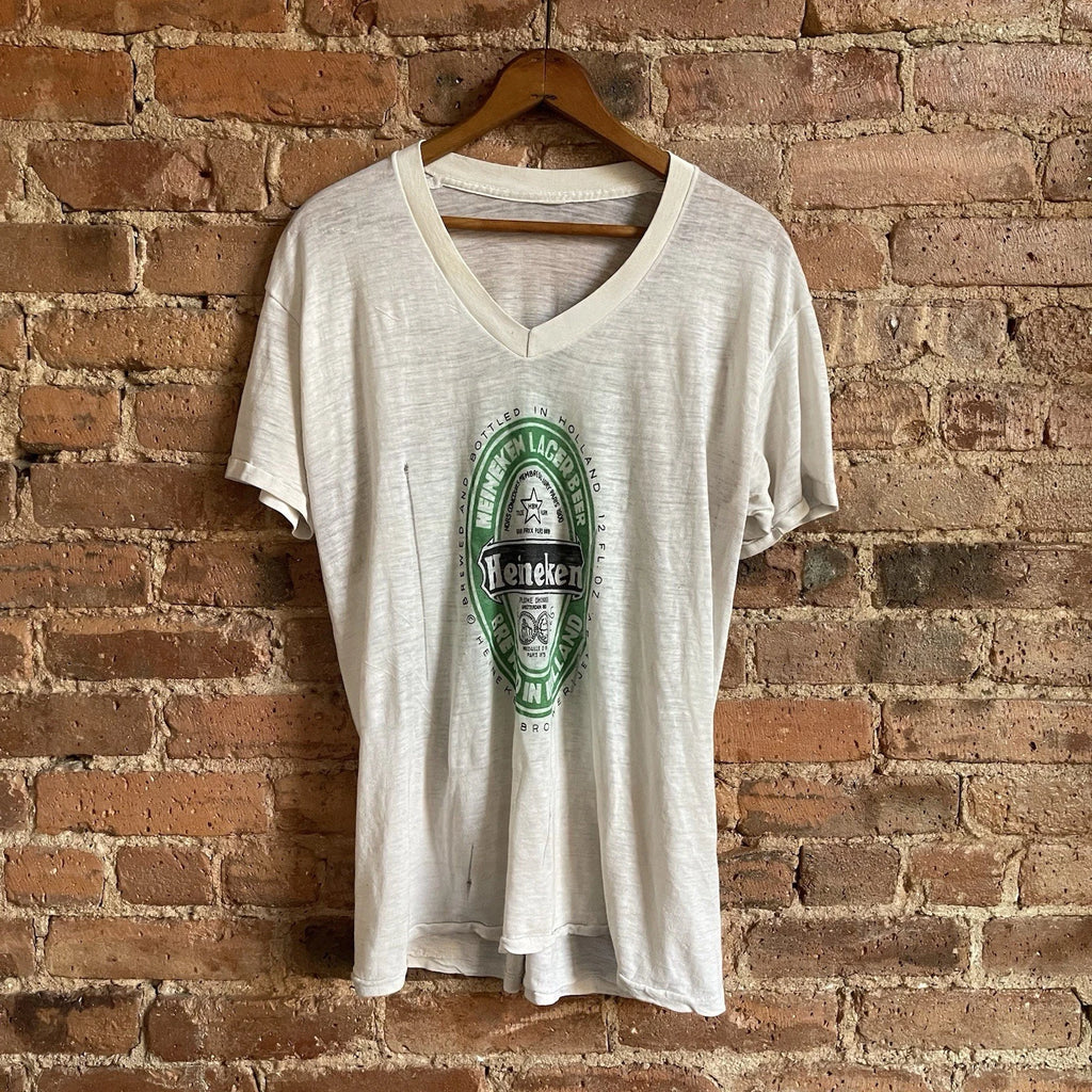 VTG 1980s Paper Thin Thrashed White Heineken Shirt V Neck Large Soft Beer