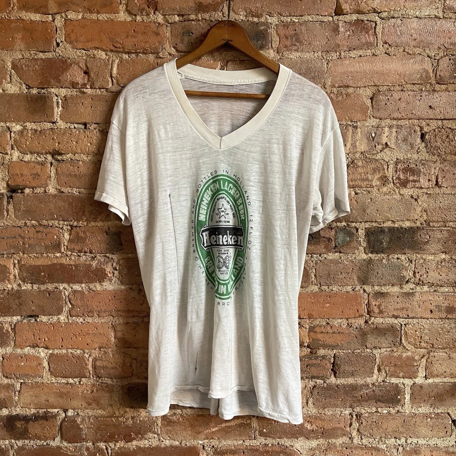 VTG 1980s Paper Thin Thrashed White Heineken Shirt V Neck Large Soft Beer