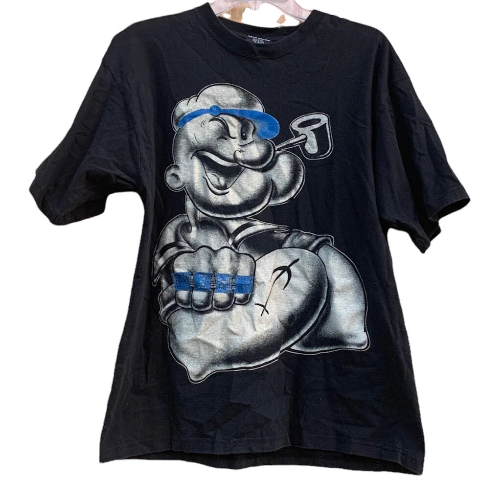 Vintage Popeye Cartoon Rap Black T Shirt Size L Hip Hop 90s Sailor Man Tee