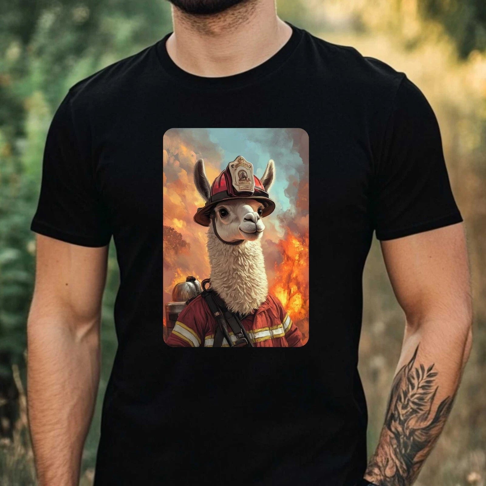 Mens Llama Firefighter Print Cotton T-Shirt Size XS to 5XL