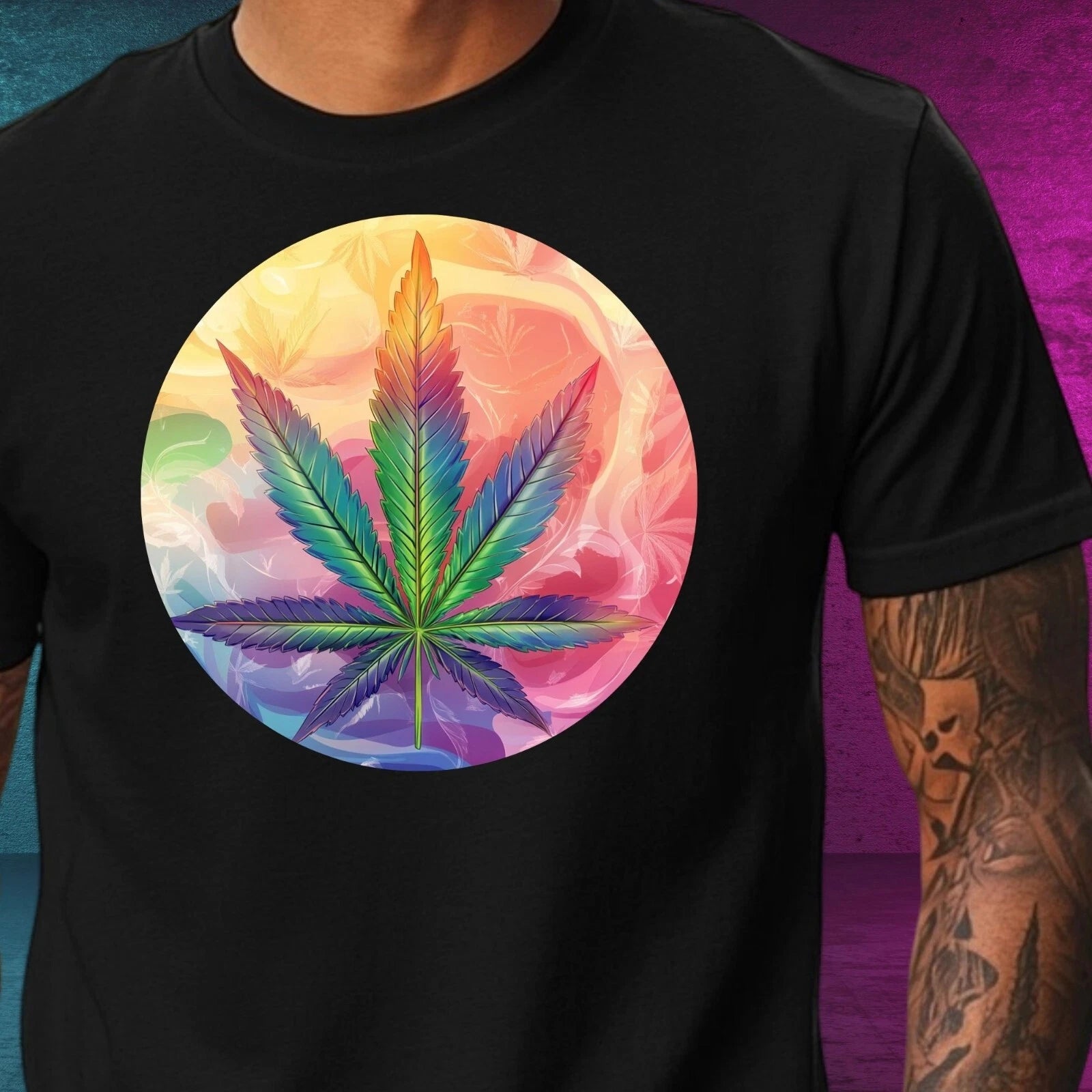 Mens Rainbow Cannabis Leaf Motif Cotton T-Shirt Size XS to 5XL