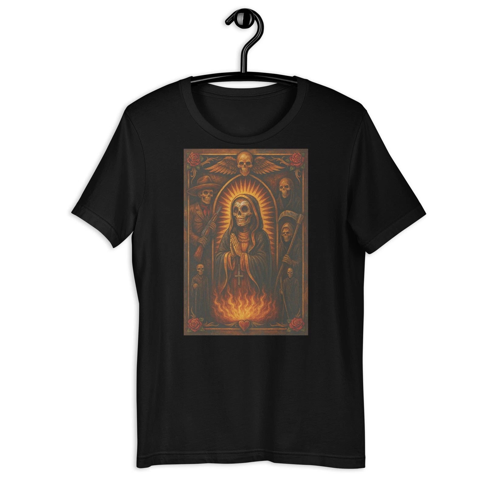 Santa Muerte Prayer Flame Gothic Mexican Skeleton Art T-Shirt