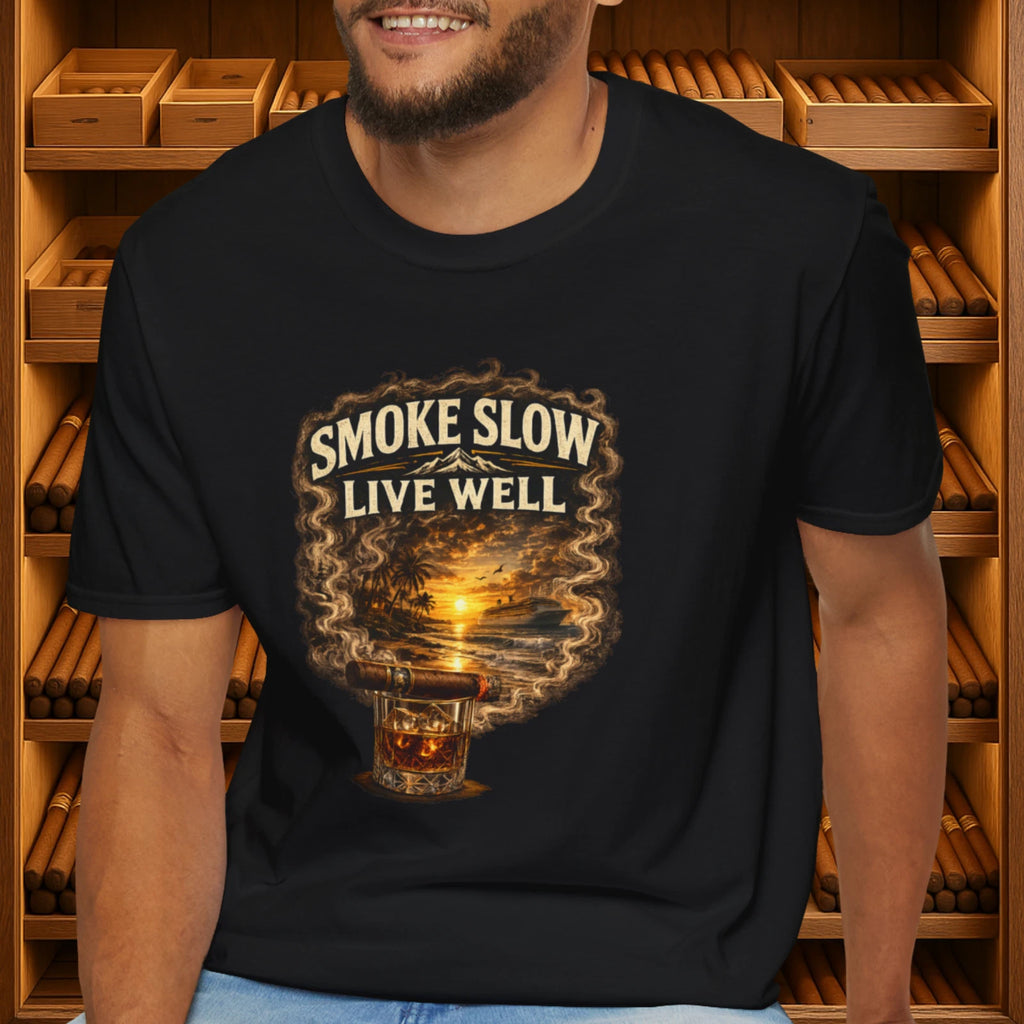 Smoke Slow Live Well Yacht T-Shirt – Cigar, Whiskey & Coastal Luxury Tee