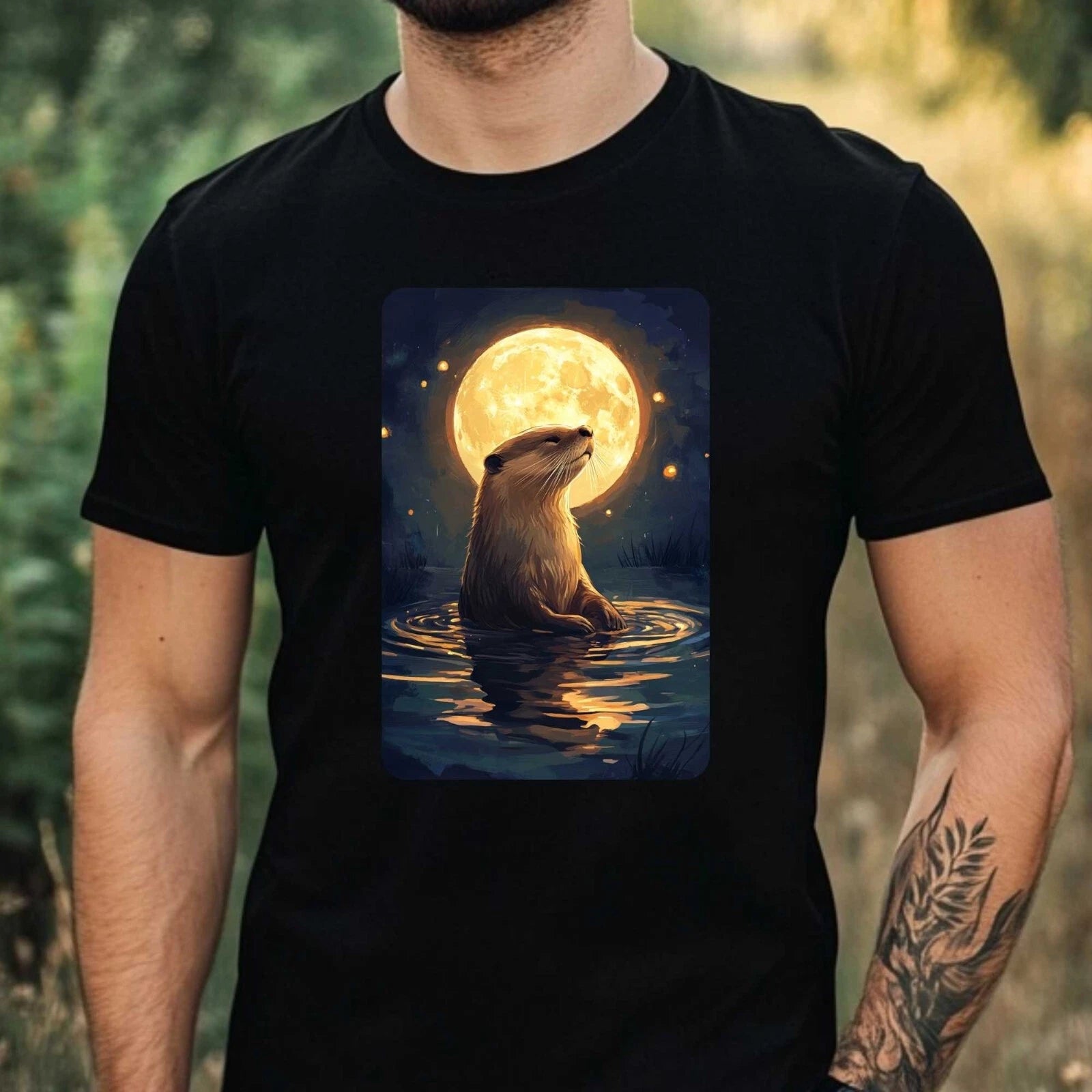 Mens Otter at Full Moon Motif Cotton T-Shirt Size XS to 5XL