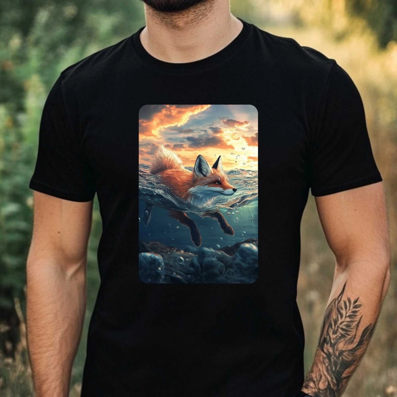 Mens Fox Swimming In Ocean Motif Cotton T-Shirt Size XS to 5XL
