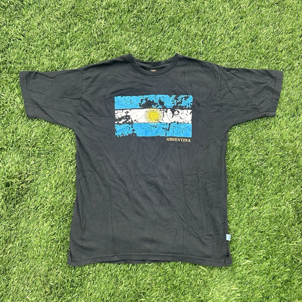 Vintage Argentina Distressed Flag Black Graphic Soccer Tee T-Shirt Mens Large L