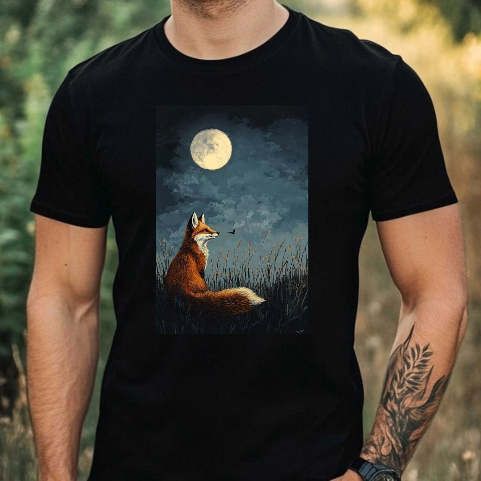 Mens Fox In The Moonlight Motif Cotton T-Shirt Size XS to 5XL
