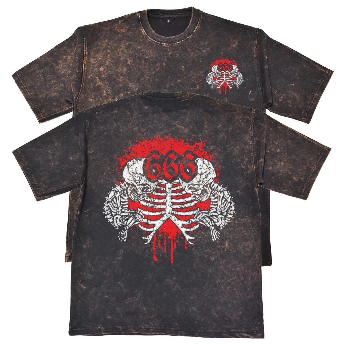 666 Unisex Mens Rust 240gsm French Terry Acid Wash T-Shirt Goth Metal Gift