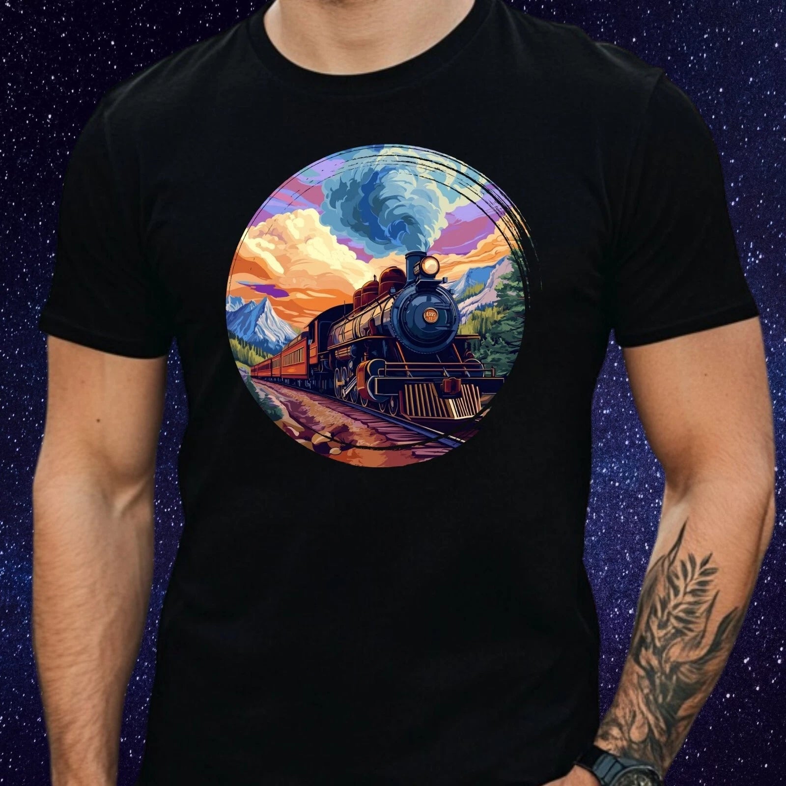 Mens Locomotive Motif Cotton T-Shirt Size XS to 5XL