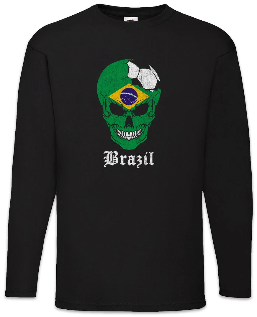 Brazil Football Skull I Men's Long Sleeve T-Shirt Brazilian Soccer Flag World