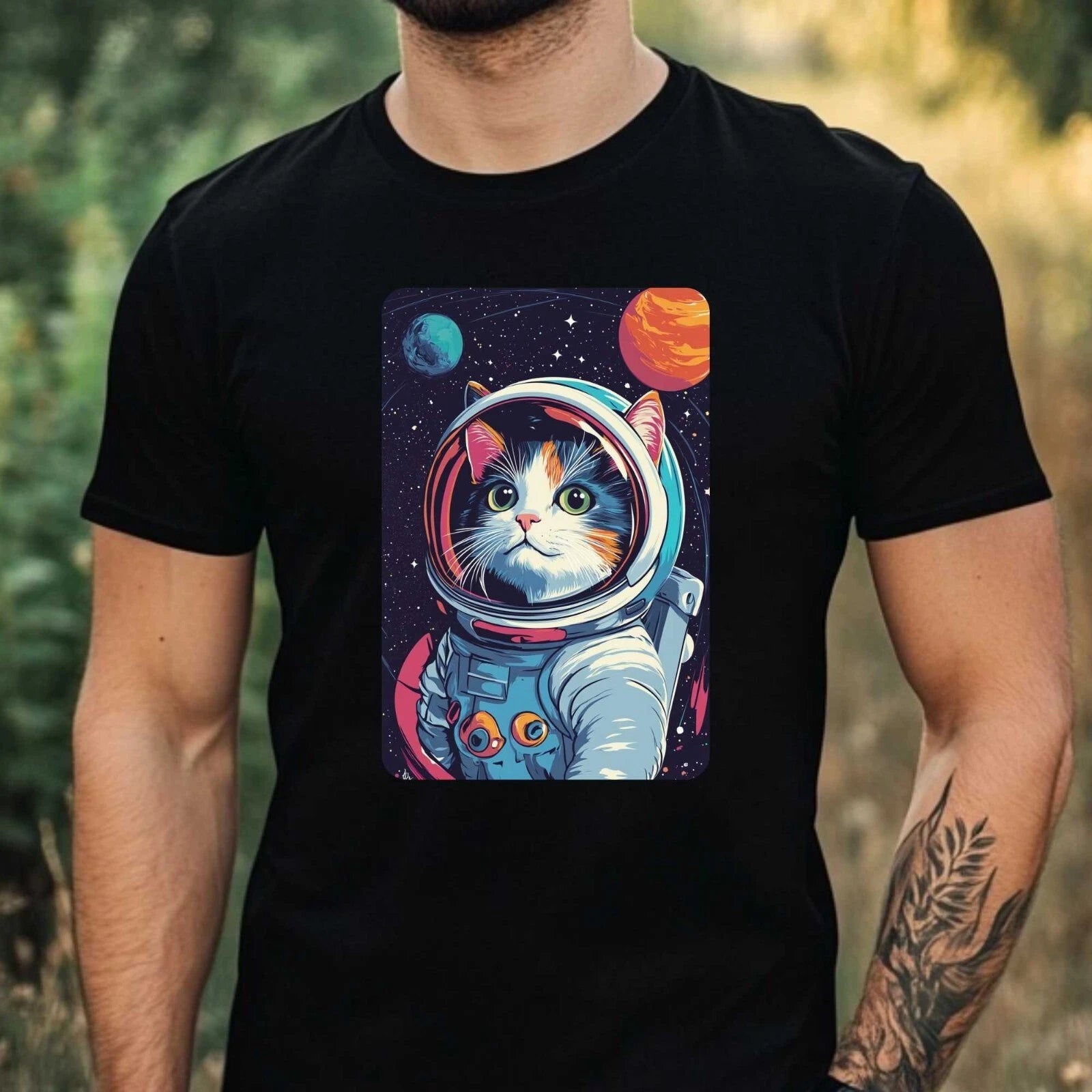 Mens Cat as Astronaut Print Cotton T-Shirt Size XS to 5XL