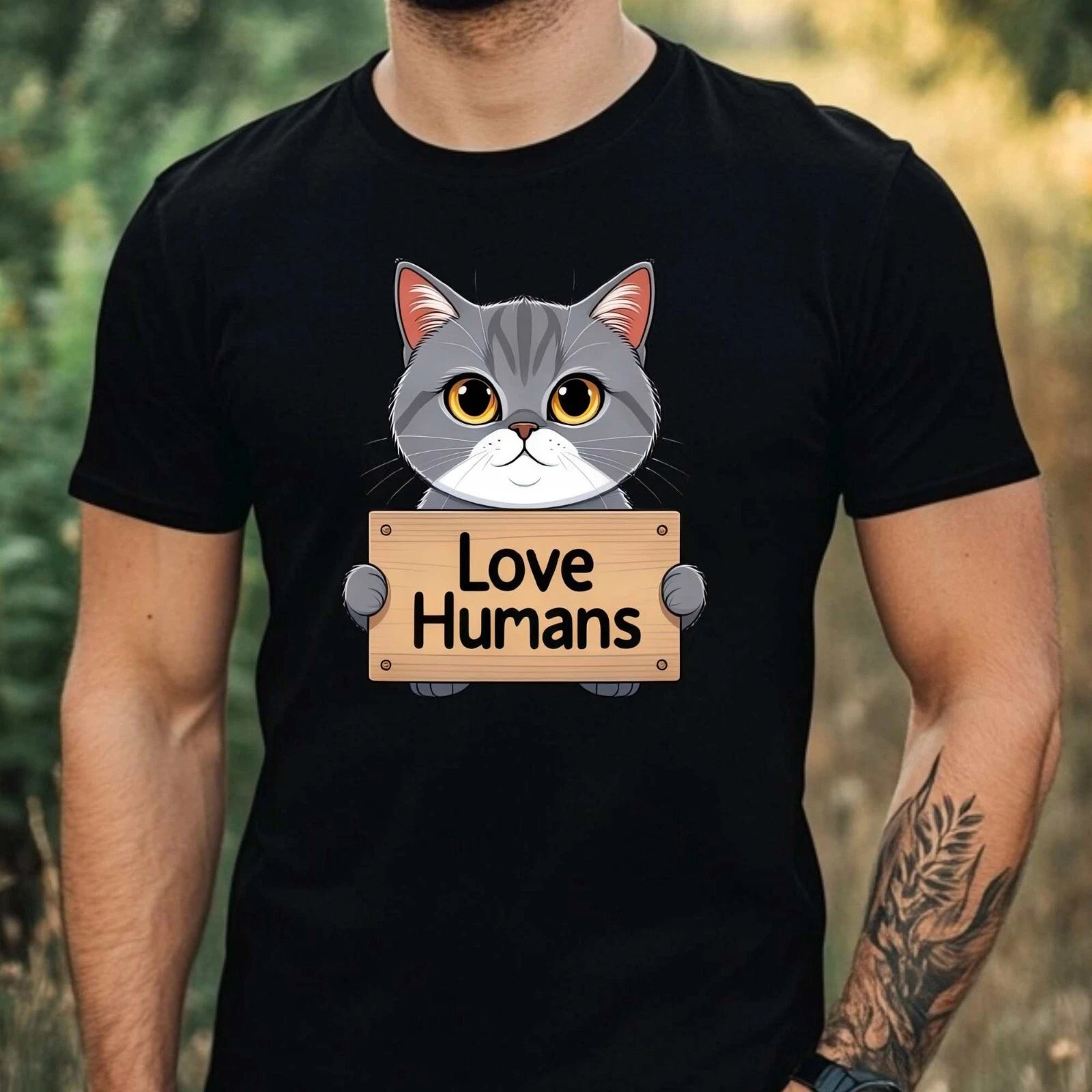 Mens Kitten Loving People Motif Cotton T-Shirt Size XS to 5XL