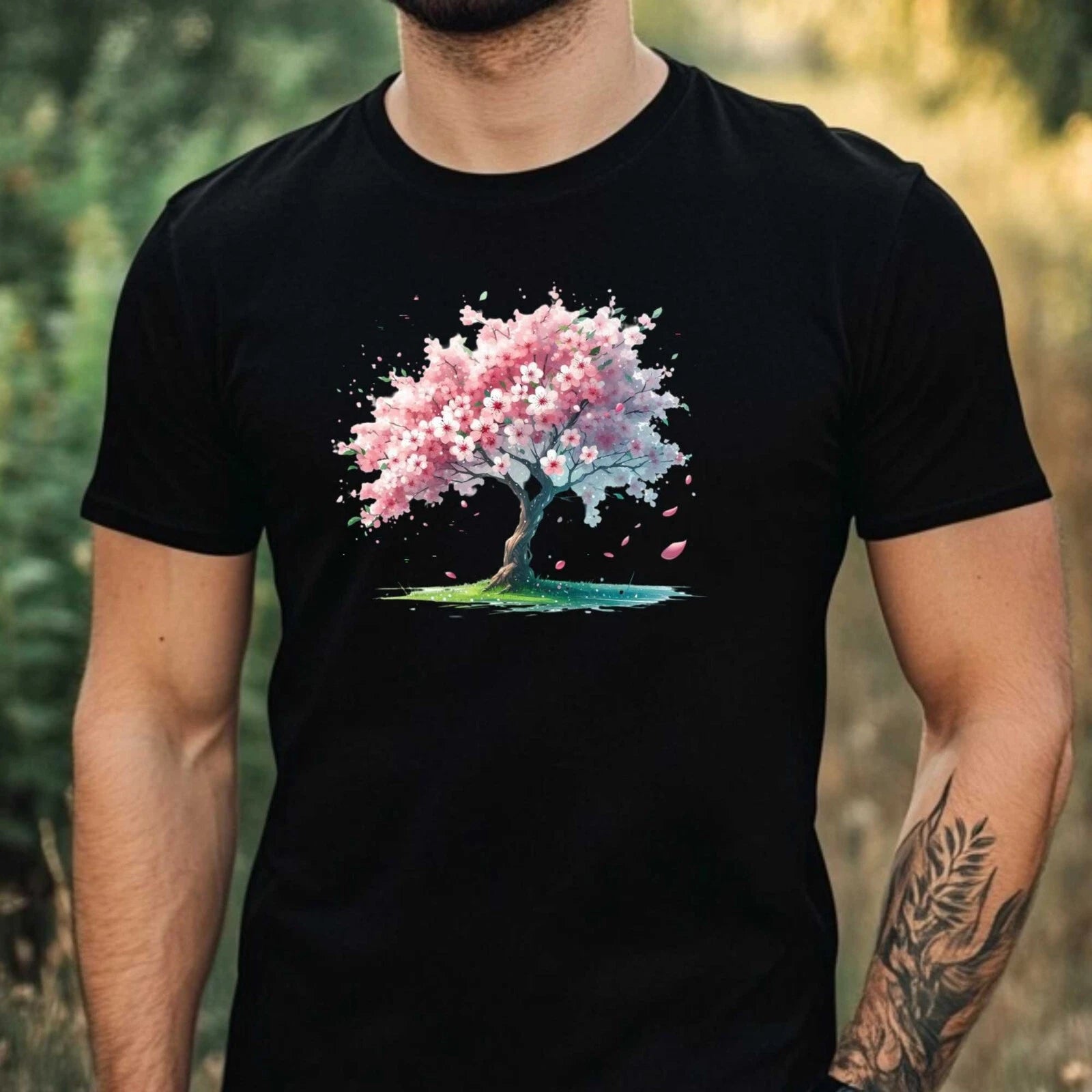 Mens Watercolour Flower Tree Motif Cotton T-Shirt Size XS to 5XL