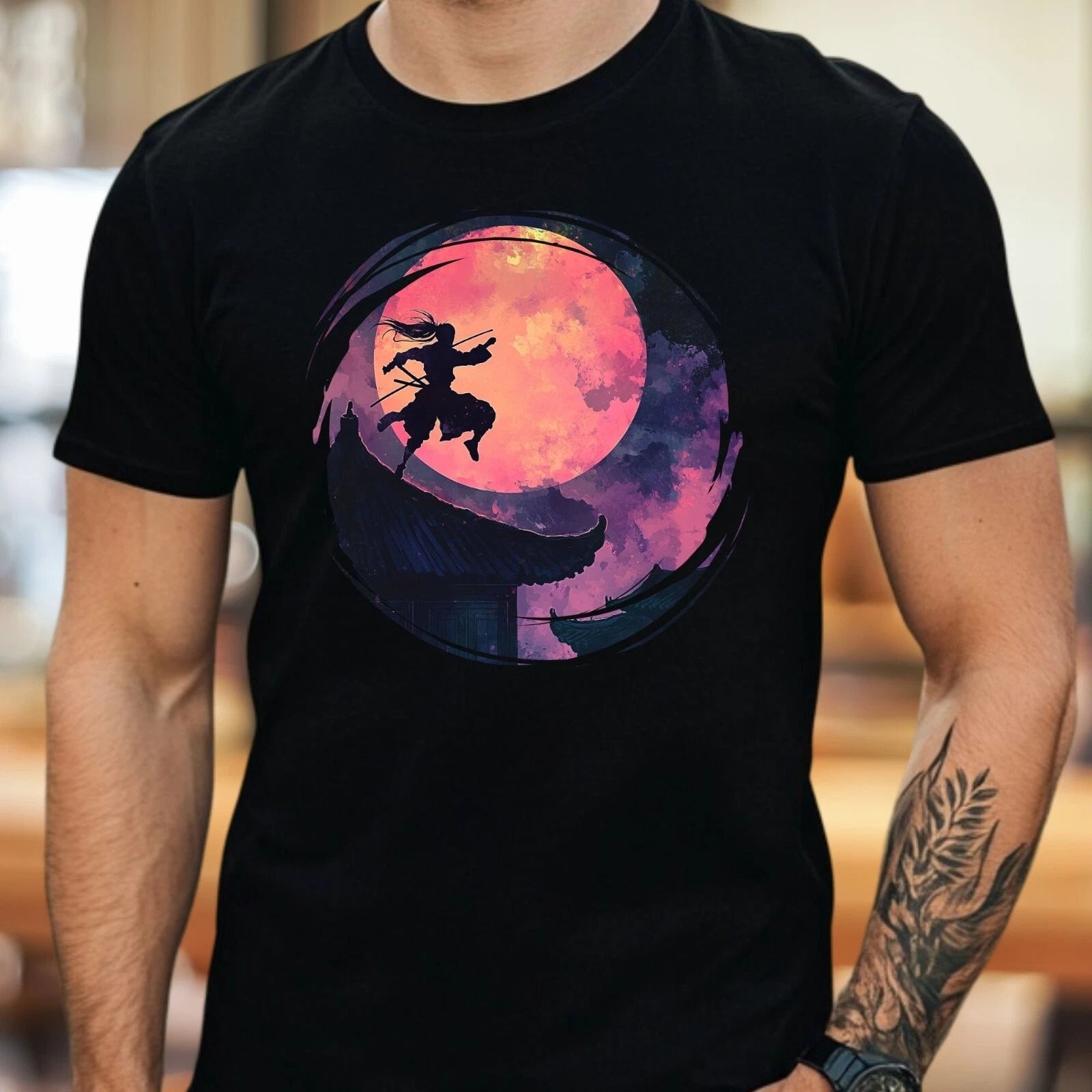 Mens Ninja Moon Motif Cotton T-Shirt Size XS to 5XL