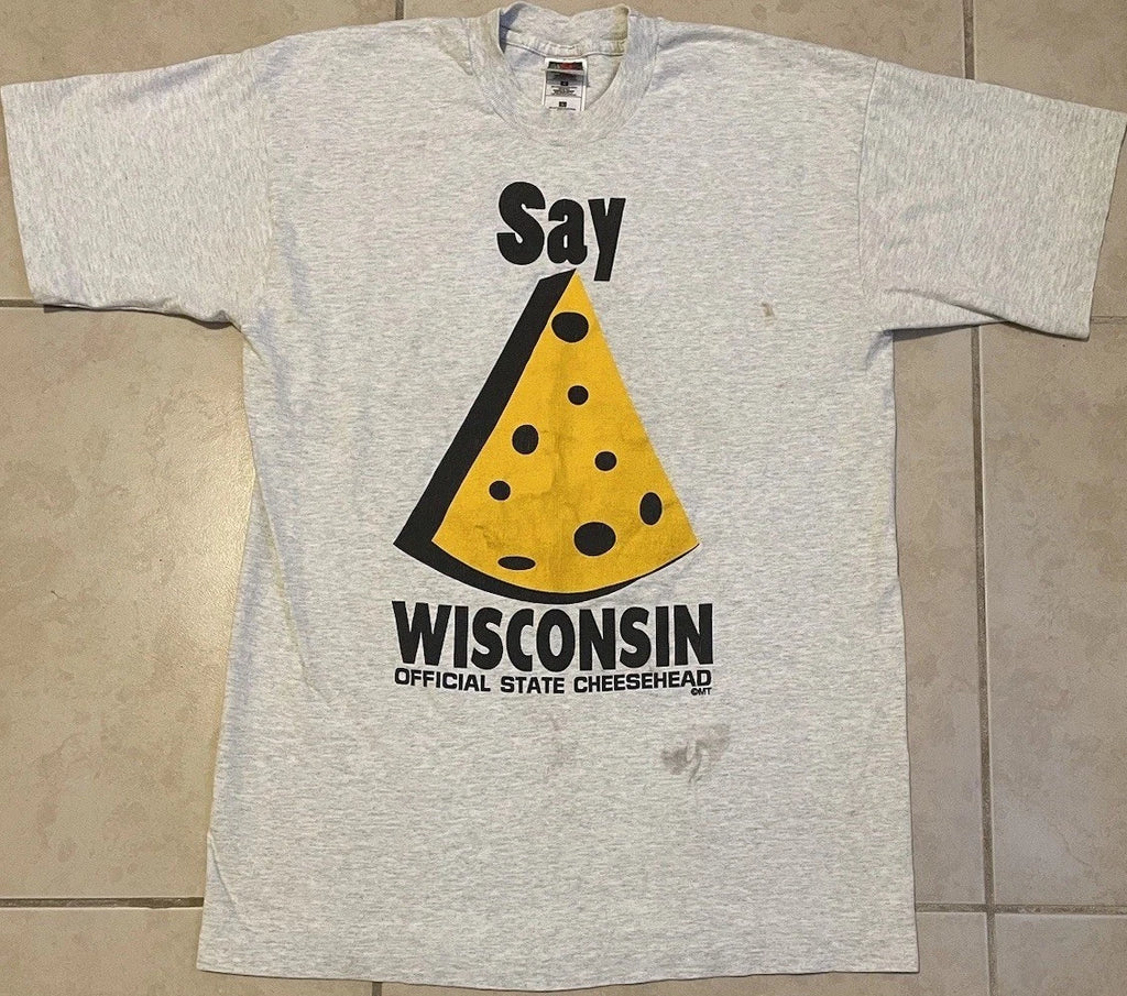 Vtg 90s Wisconsin Cheese Head Faded Distress Shirt L Funny Joke College Grunge