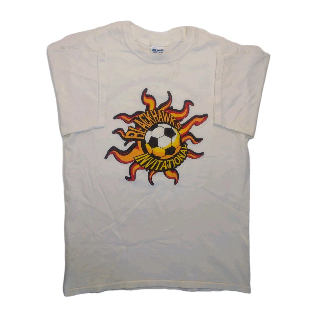 VTG BLACKHAWKS INVITATIONAL SOCCER FLAME WHITE GRAPHIC TEE UNISEX SIZE M