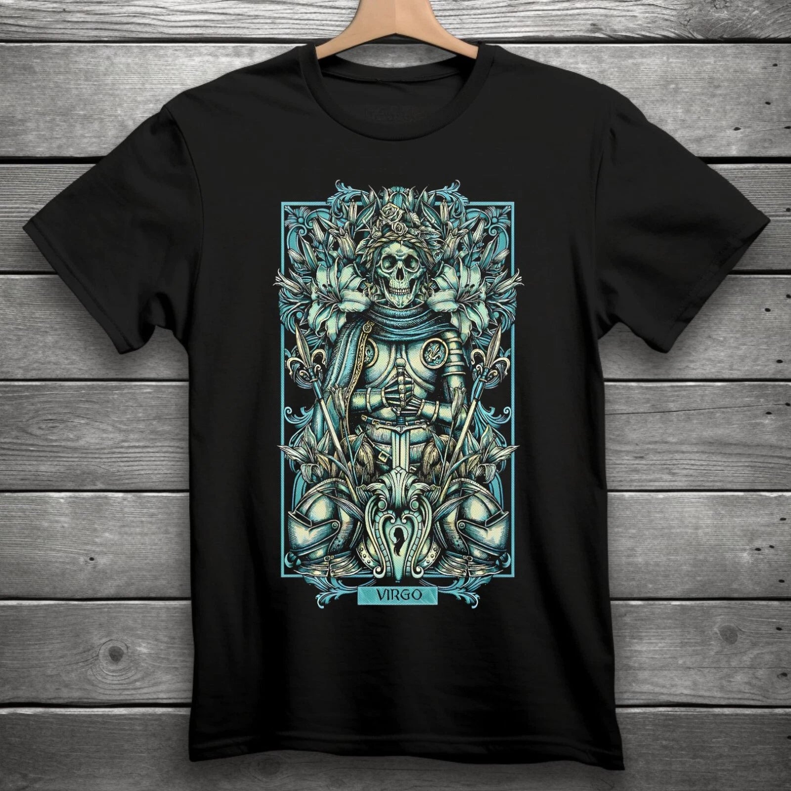 Virgo Zodiac Sign Goth Skull Unisex Black T-Shirt S-3XL