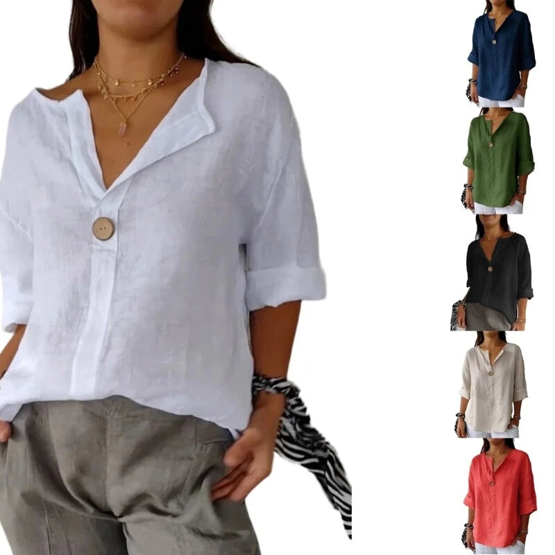 3/4 Length Sleeve Womens Tops Fashion Casual Blouses Cotton Linen V neck T Shirt