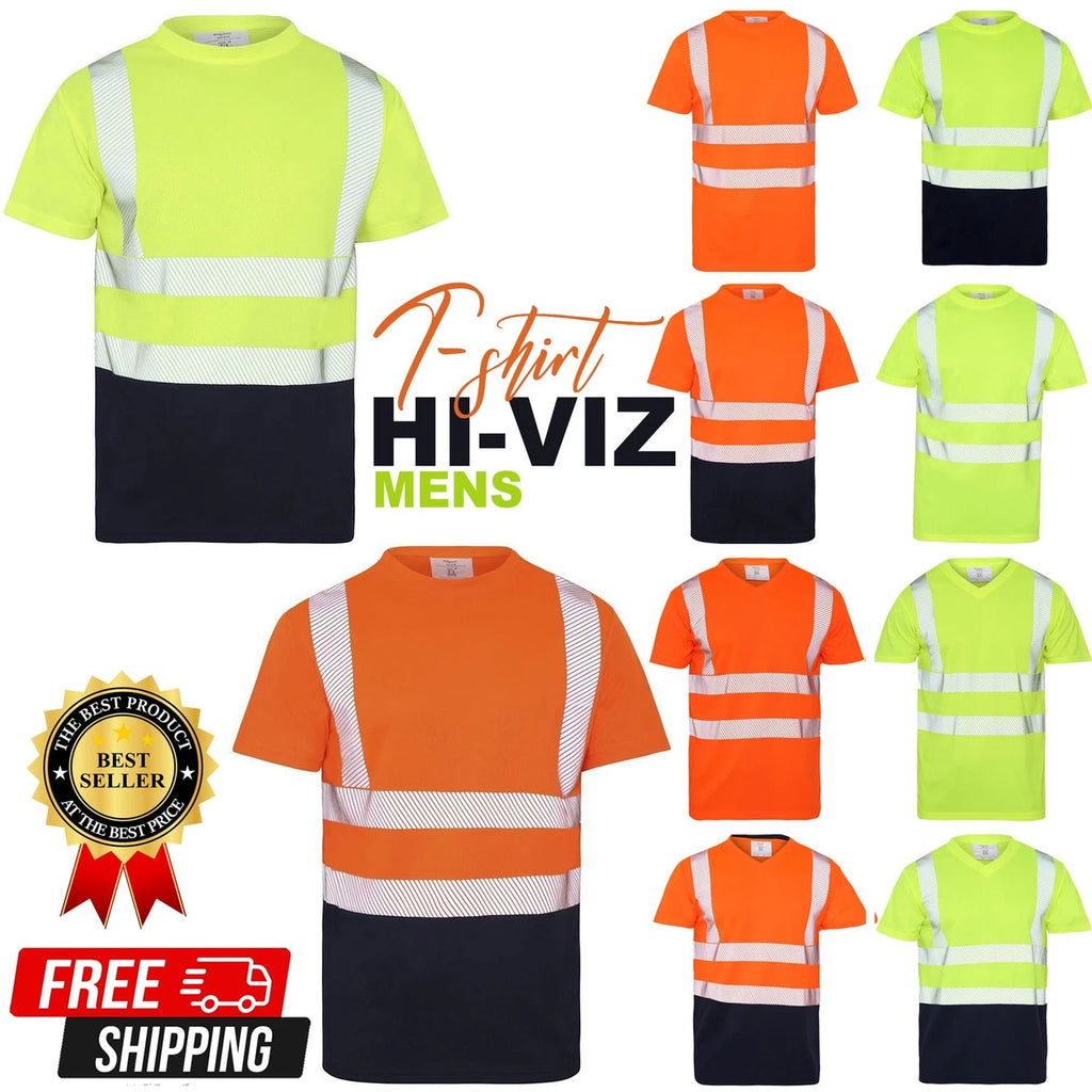 New Mens Hi Vis Viz Visibility Short Sleeve Safety Work Crew Neck Hi Viz T-Shirt
