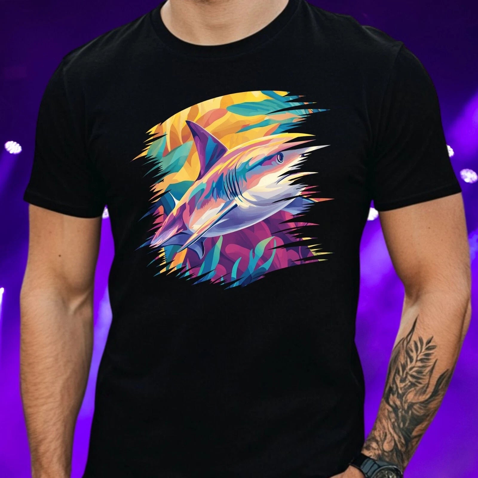 Mens Shark Motif Cotton T-Shirt Size XS to 5XL