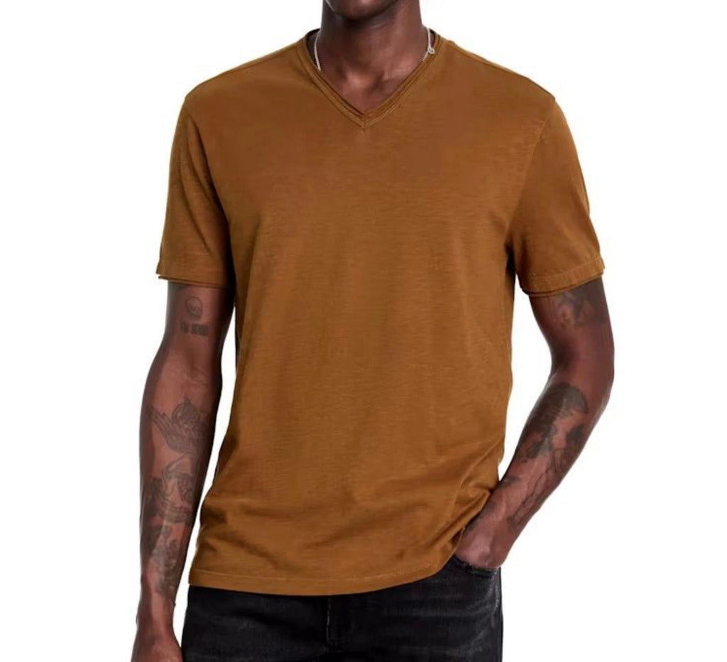 John Varvatos Men's Short Sleeve Miles Raw Edge Slub V Neck T-Shirt Sienna Brown