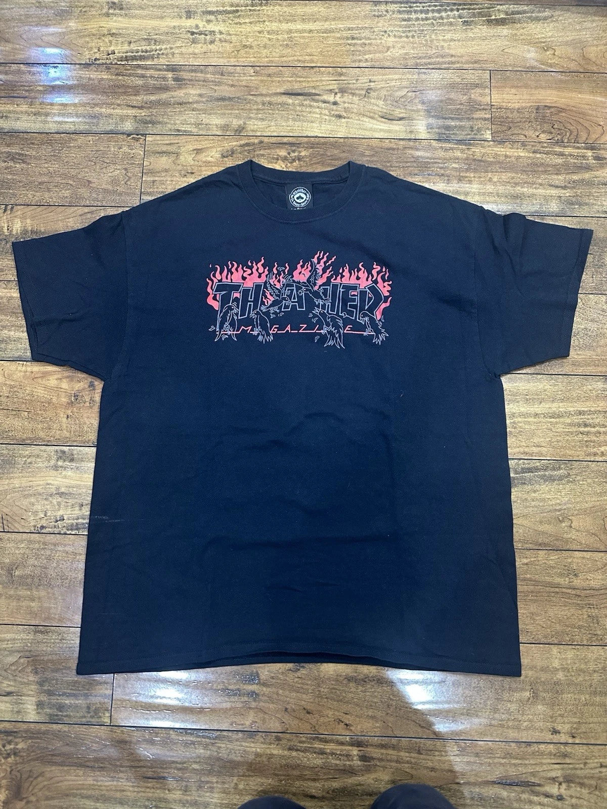 Y2K Thrasher Magazine T-Shirt Mens XL Crows Logo Black Flames Skate Graphic Tee