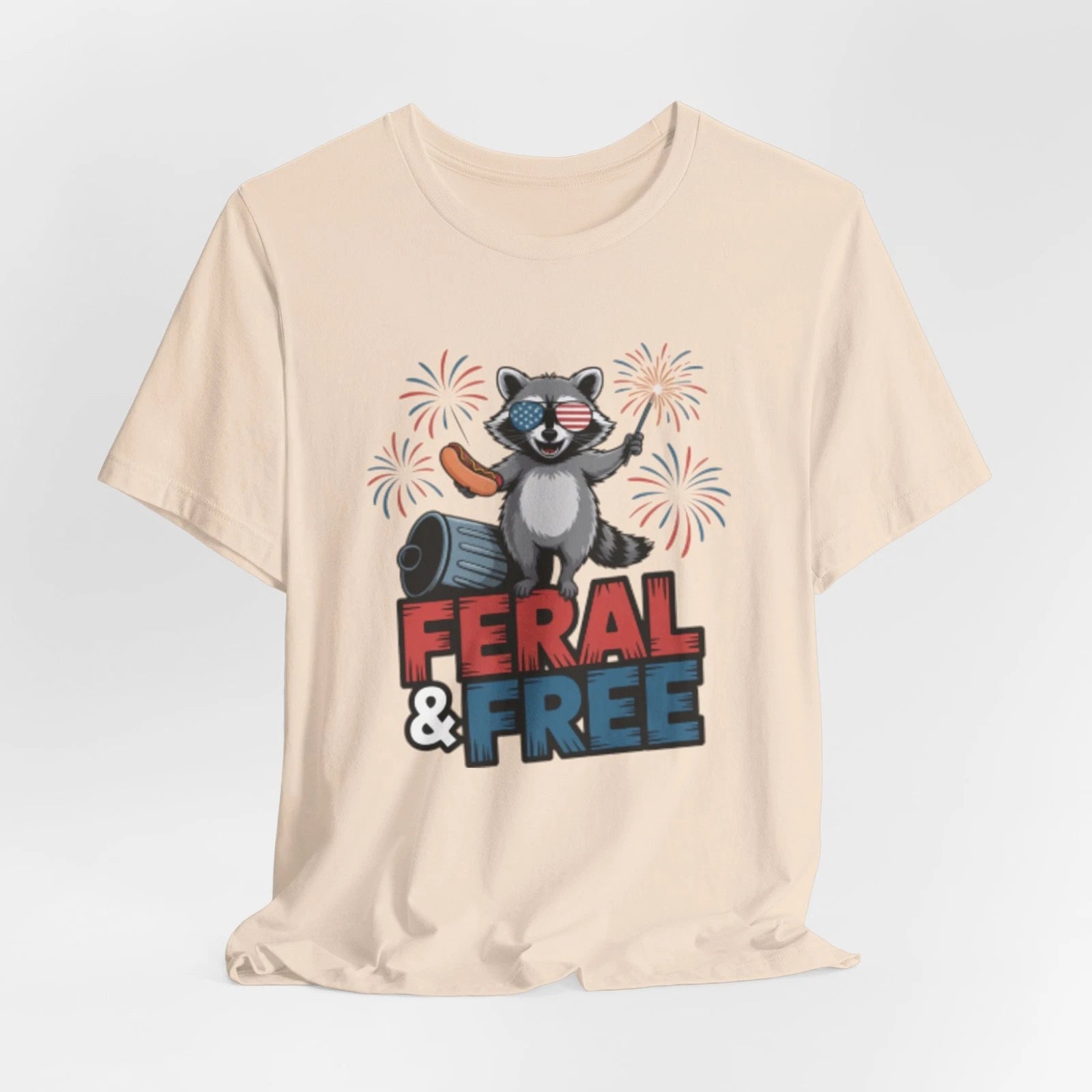 -Feral & Free Raccoon Tee | Patriotic Fourth of July Fireworks Shirt