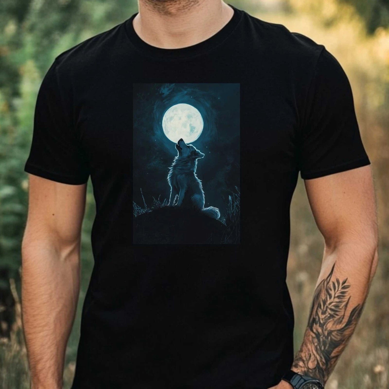 Mens Dog In The Moonlight Motif Cotton T-Shirt Size XS to 5XL