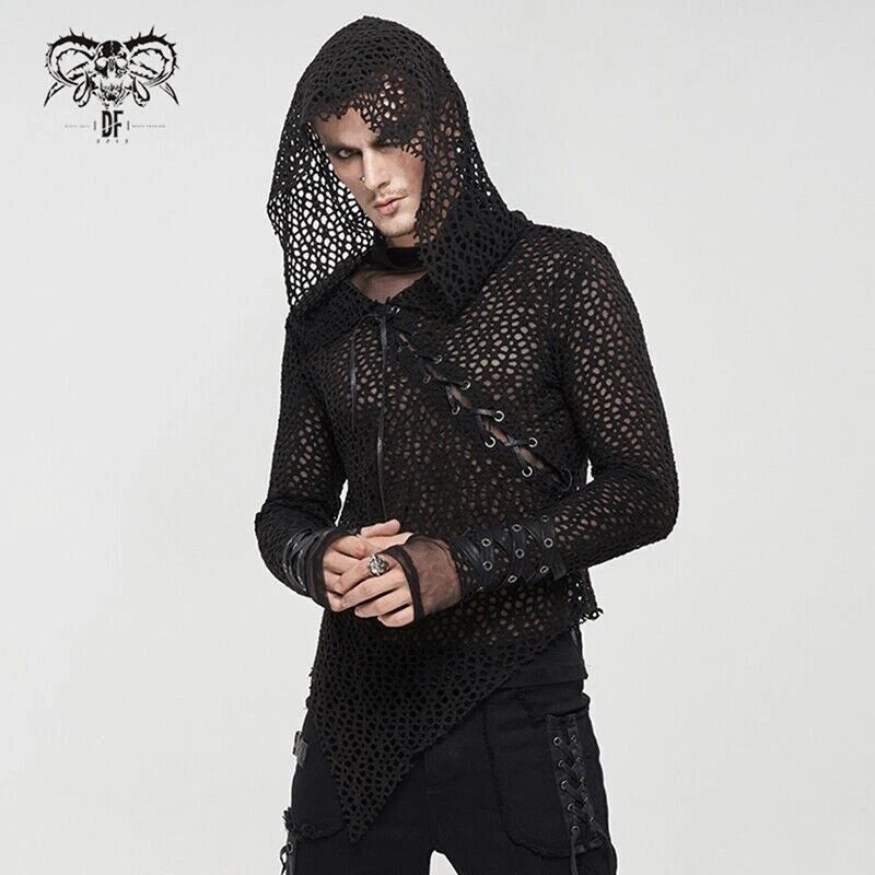 Devil Fashion Steampunk Men's Mesh Hooded Tops Drawstring Decoration T-shirts